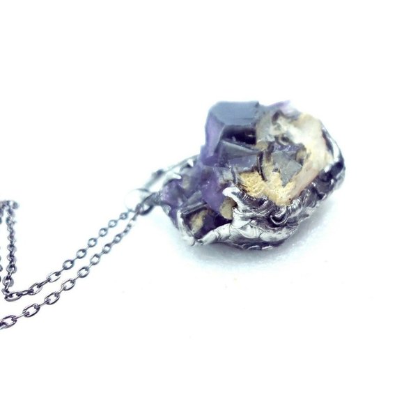 Huge Purple Flourite Octohedral crystal necklace  handmade gothic fantasy metal - Picture 7 of 12